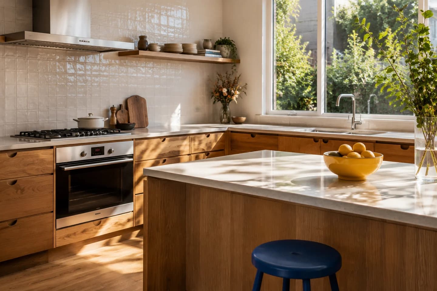 Sunlit kitchen inspiration with oak cabinetry, stone benchtops and a blue stool